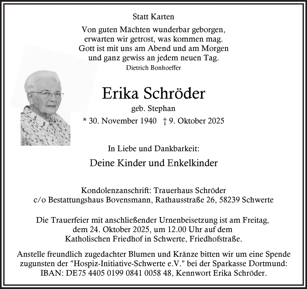  Traueranzeige für Erika Schröder vom 18.10.2025 aus Ruhr Nachrichten