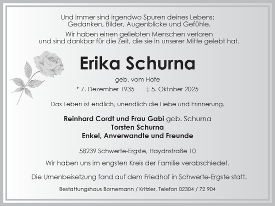 Traueranzeige von Erika Schurna von Ruhr Nachrichten