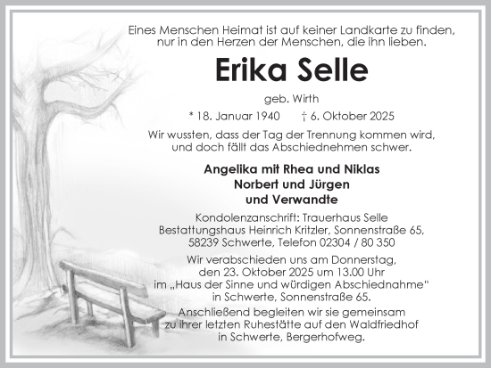 Traueranzeige von Erika Selle von Ruhr Nachrichten