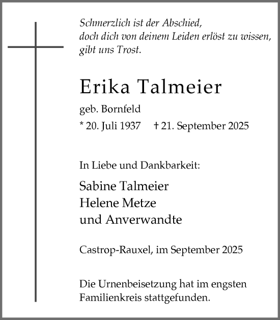 Traueranzeige von Erika Talmeier von Stadtanzeiger Castrop-Rauxel