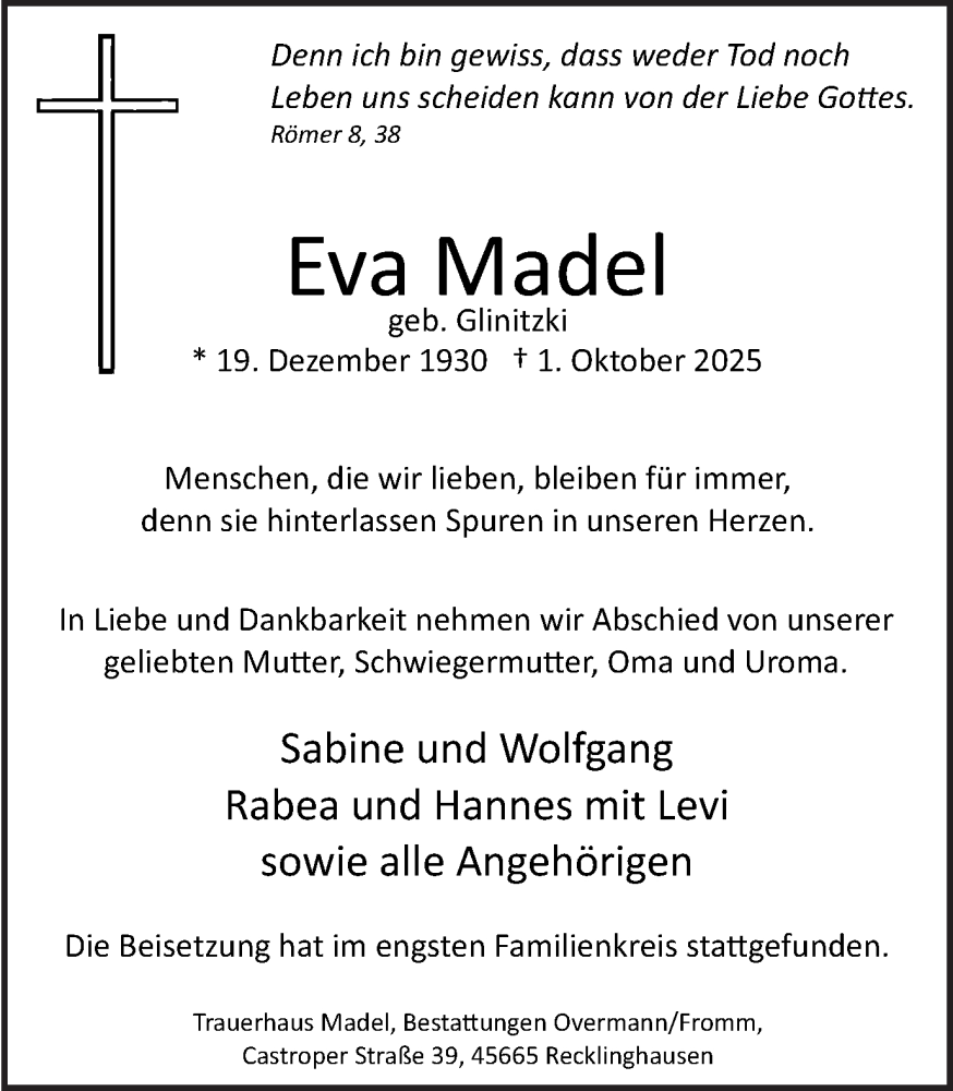  Traueranzeige für Eva Madel vom 11.10.2025 aus Trauer Vest
