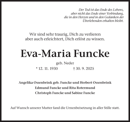 Traueranzeige von Eva-Maria Funcke von Ruhr Nachrichten