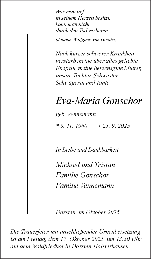  Traueranzeige für Eva-Maria Gonschor vom 11.10.2025 aus Ruhr Nachrichten und Dorstener Zeitung