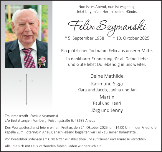 Traueranzeige von Felix Szymanski von Münsterland Zeitung