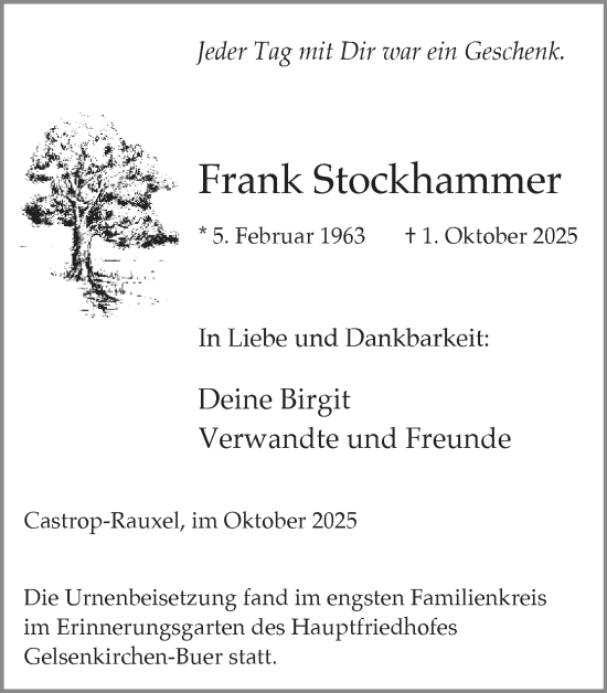 Traueranzeige von Frank Stockhammer von Stadtanzeiger Castrop-Rauxel
