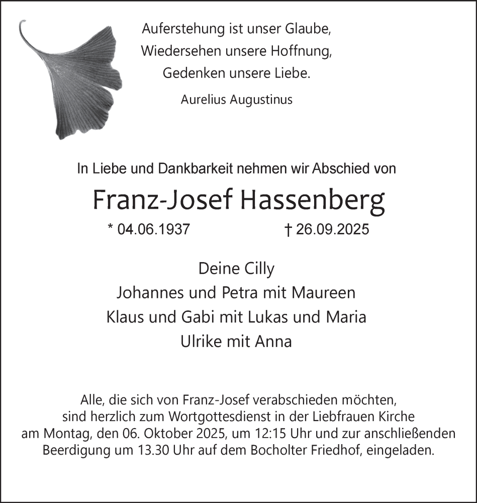  Traueranzeige für Franz-Josef Hassenberg vom 02.10.2025 aus 