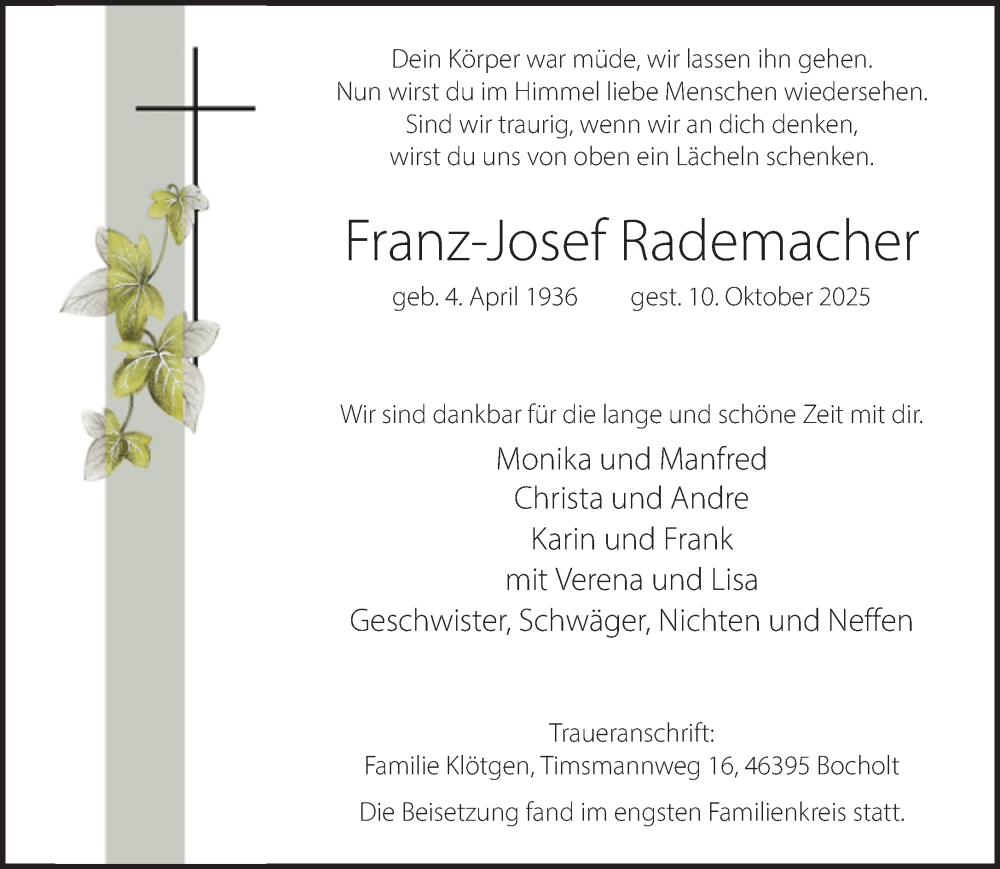 Traueranzeige für Franz-Josef Rademacher vom 20.10.2025 aus 