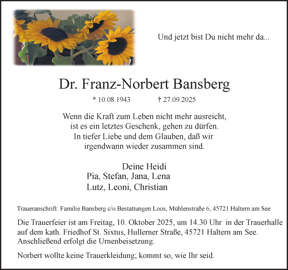  Traueranzeige für Franz-Norbert Bansberg vom 07.10.2025 aus Ruhr Nachrichten und Halterner Zeitung