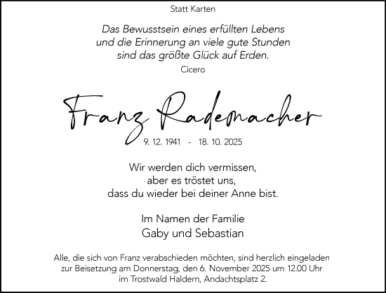 Traueranzeige von Franz Rademacher 