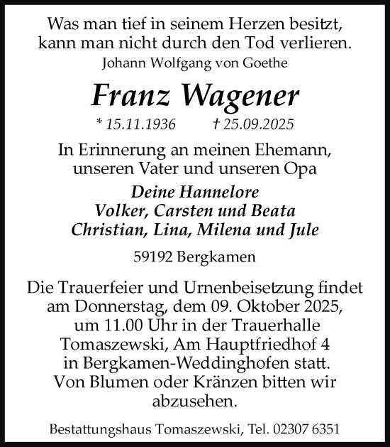 Traueranzeige von Franz Wagener von Hellweger Anzeiger