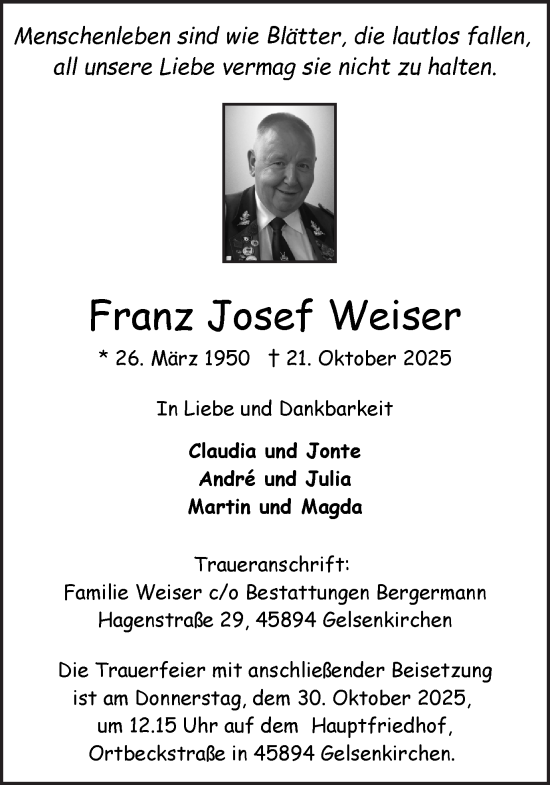 Traueranzeige von Franz Josef Weiser von Trauer Vest