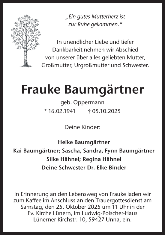 Traueranzeige von Frauke Baumgärtner von Hellweger Anzeiger