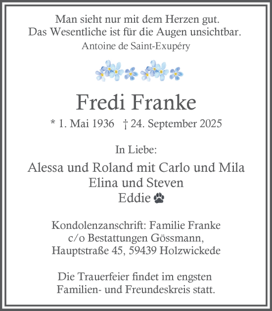 Traueranzeige von Fredi Franke von Hellweger Anzeiger