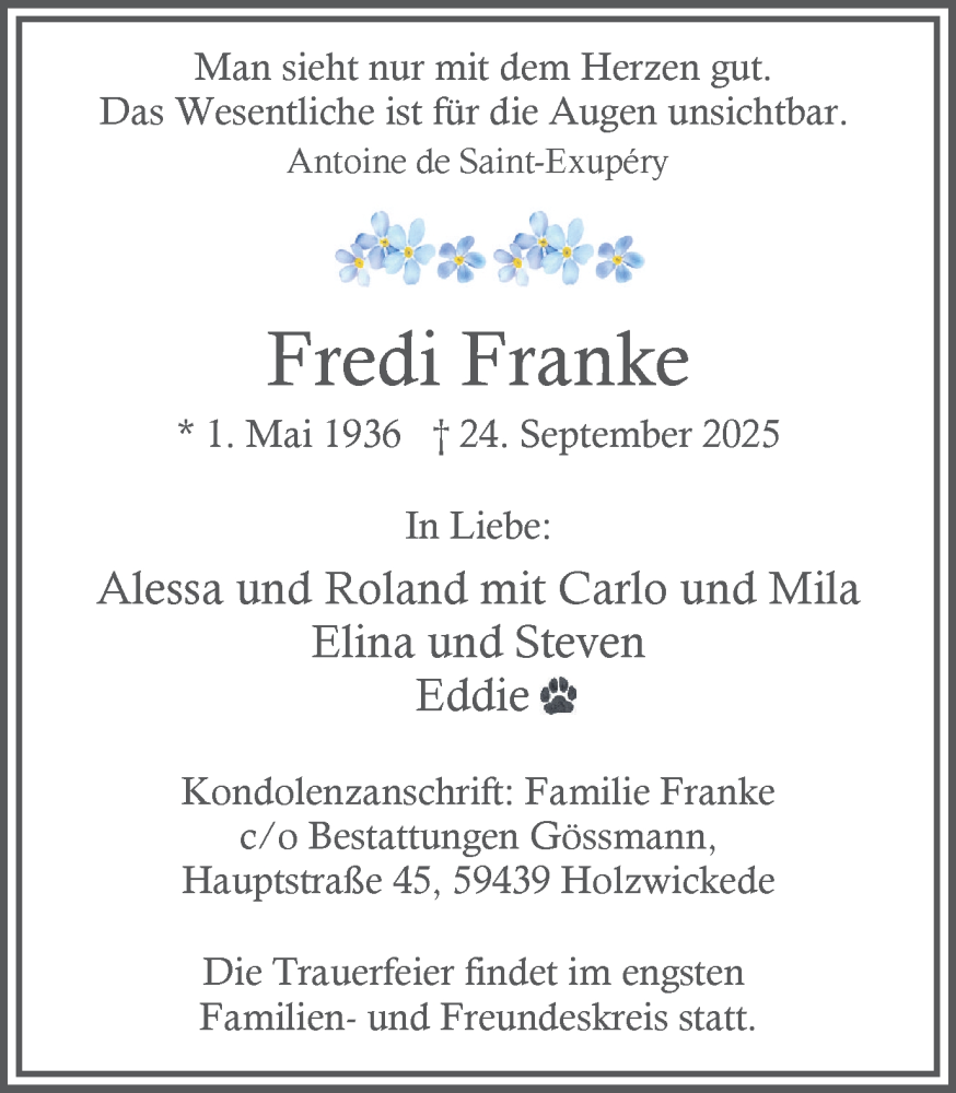  Traueranzeige für Fredi Franke vom 27.09.2025 aus Hellweger Anzeiger