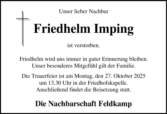 Traueranzeige von Friedhelm Imping von Münsterland Zeitung