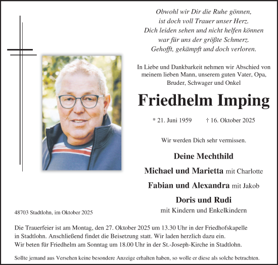 Traueranzeige von Friedhelm Imping von Münsterland Zeitung