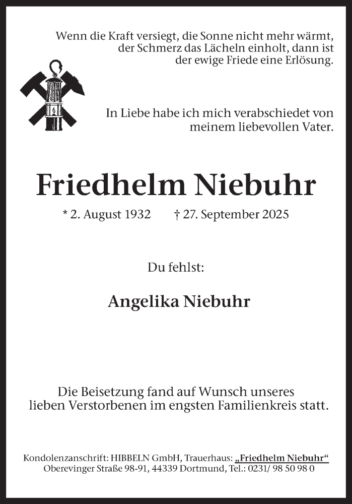  Traueranzeige für Friedhelm Niebuhr vom 18.10.2025 aus Ruhr Nachrichten