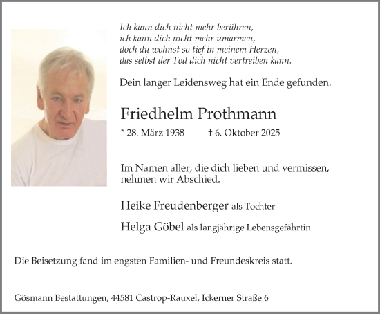 Traueranzeige von Friedhelm Prothmann von Stadtanzeiger Castrop-Rauxel