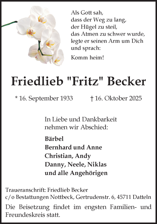 Traueranzeige von Friedlieb Becker von Trauer Vest