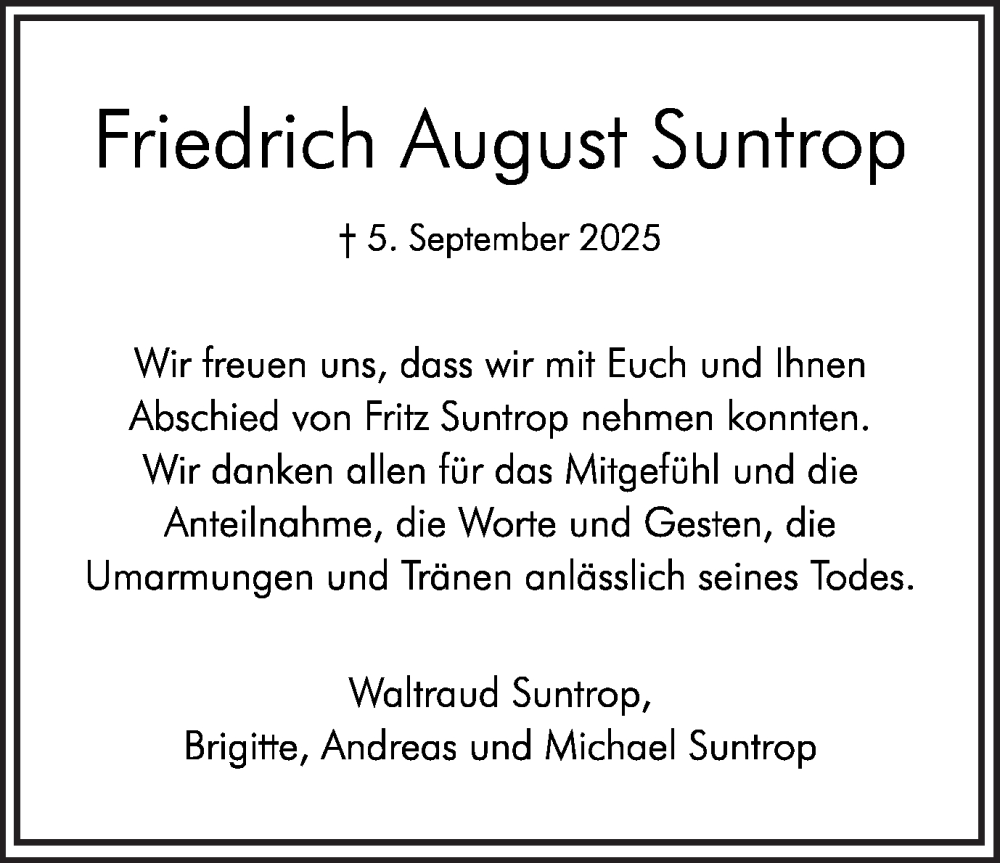  Traueranzeige für Friedrich August Suntrop vom 18.10.2025 aus Hellweger Anzeiger