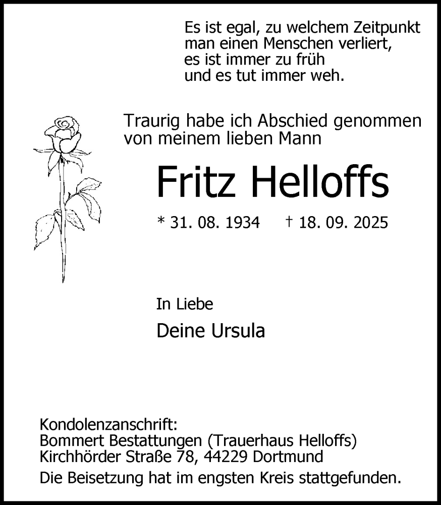  Traueranzeige für Fritz Helloffs vom 11.10.2025 aus Ruhr Nachrichten