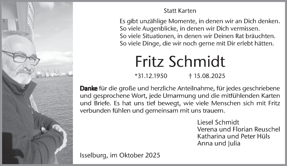  Traueranzeige für Fritz Schmidt vom 11.10.2025 aus 