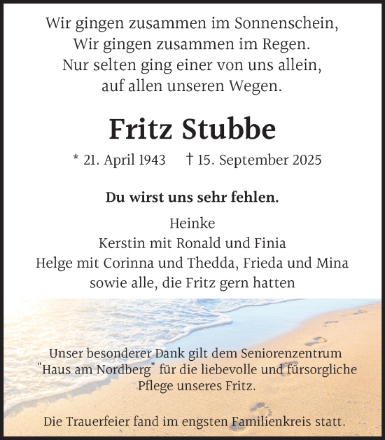Traueranzeige von Fritz Stubbe von Hellweger Anzeiger