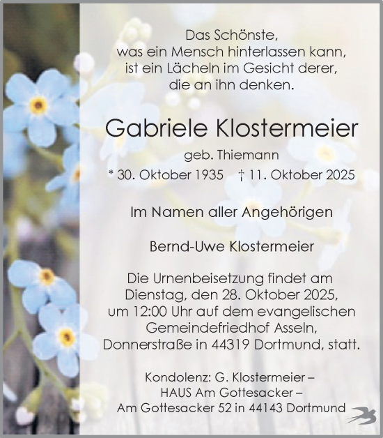 Traueranzeige von Gabriele Klostermeier von Ruhr Nachrichten