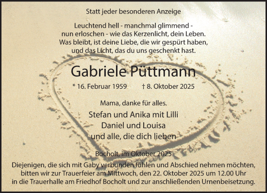 Traueranzeige von Gabriele Püttmann 