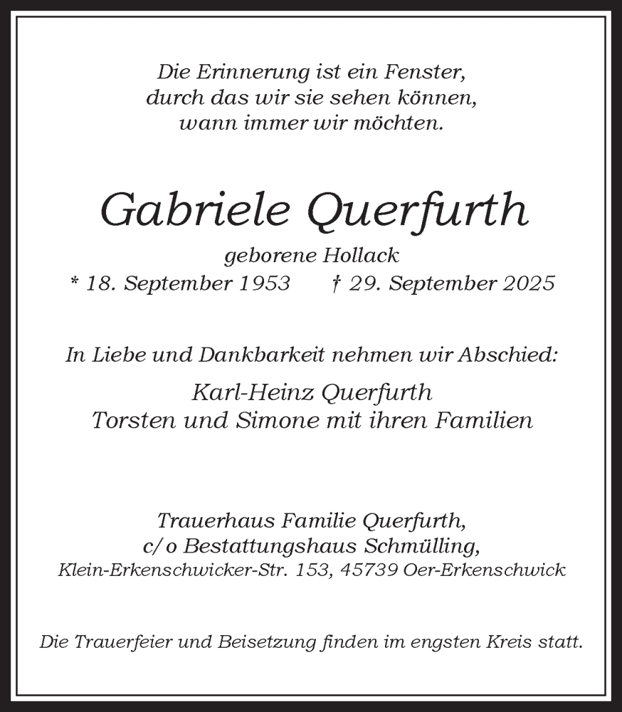  Traueranzeige für Gabriele Querfurth vom 04.10.2025 aus Trauer Vest