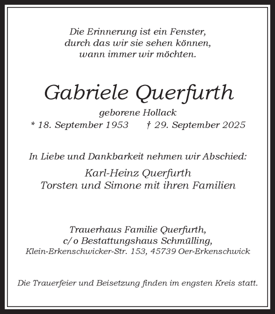 Traueranzeige von Gabriele Querfurth von Trauer Vest