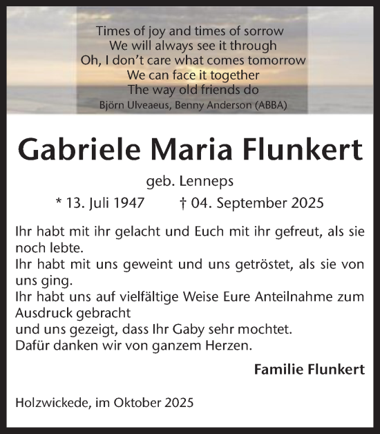 Traueranzeige von Gabriele Maria Flunkert von Hellweger Anzeiger