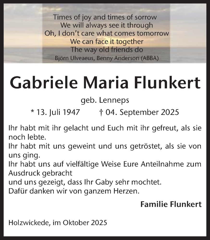 Traueranzeige für Gabriele Maria Flunkert vom 11.10.2025 aus Hellweger Anzeiger