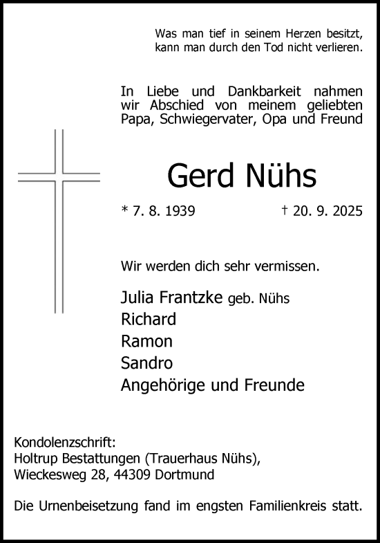 Traueranzeige von Gerd Nühs von Ruhr Nachrichten