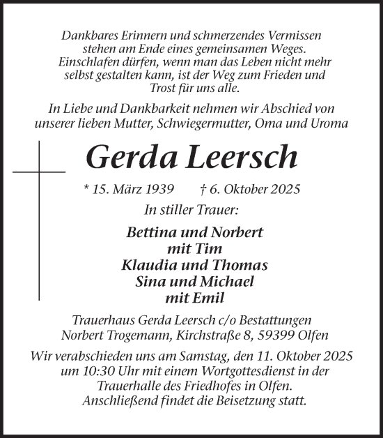 Traueranzeige von Gerda Leersch von Ruhr Nachrichten