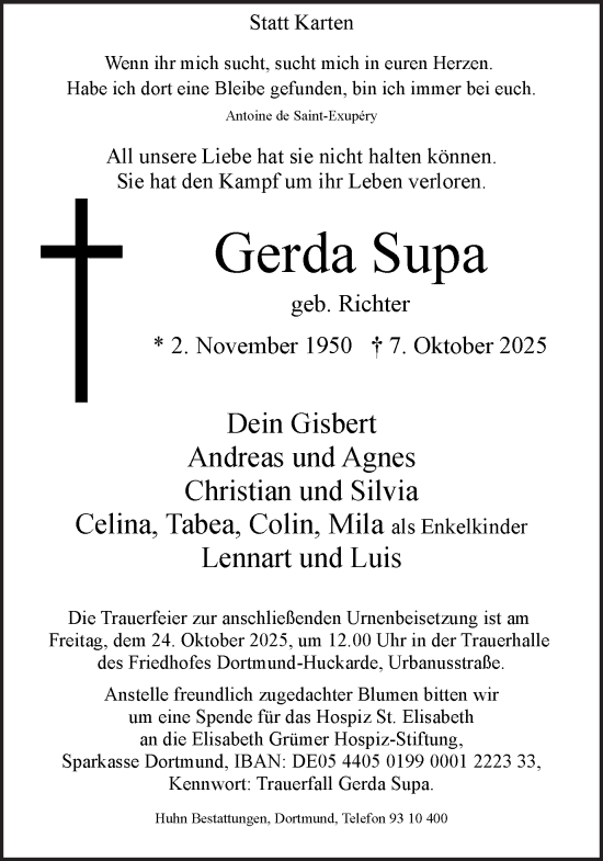 Traueranzeige von Gerda Supa von Ruhr Nachrichten