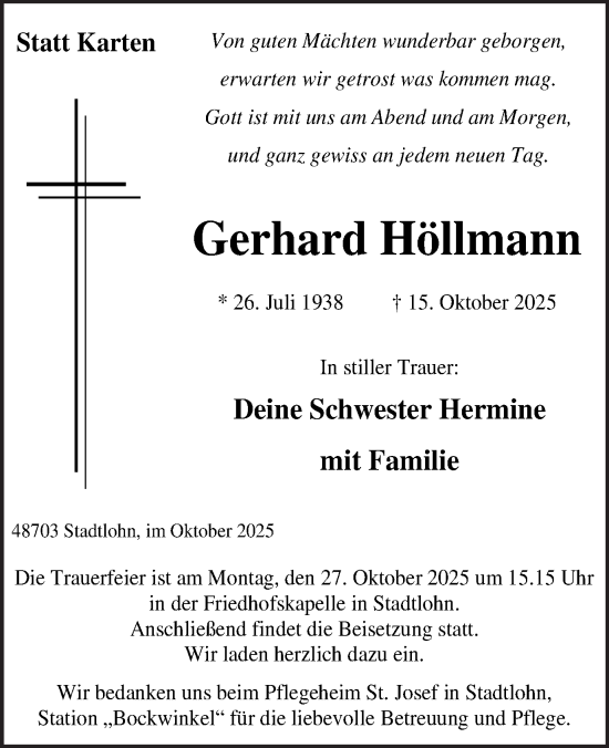 Traueranzeige von Gerhard Höllmann von Münsterland Zeitung
