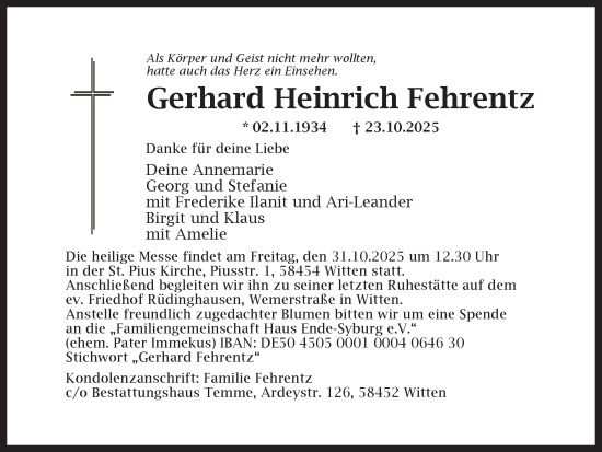 Traueranzeige von Gerhard Heinrich Fehrentz von Ruhr Nachrichten