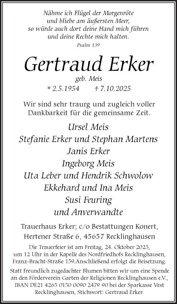 Traueranzeige für Gertraud Erker vom 18.10.2025 aus Trauer Vest