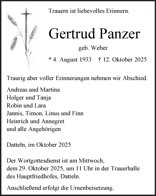 Traueranzeige von Gertrud Panzer von Trauer Vest