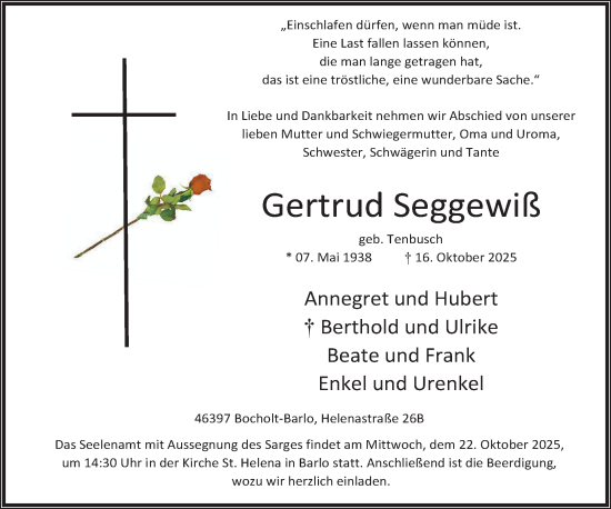 Traueranzeige von Gertrud Seggewiß 
