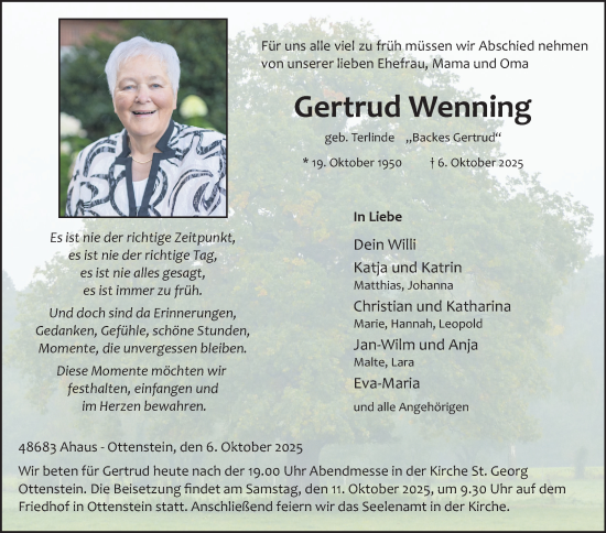 Traueranzeige von Gertrud Wenning von Münsterland Zeitung