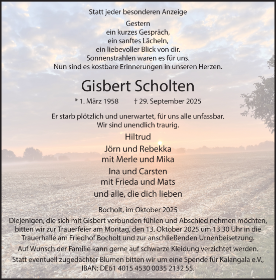 Traueranzeige von Gisbert Scholten 