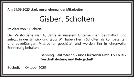 Traueranzeige von Gisbert Scholten 