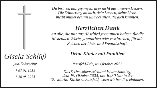 Traueranzeige von Gisela Schlüß von Ruhr Nachrichten und Dorstener Zeitung