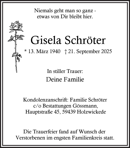 Traueranzeige von Gisela Schröter von Hellweger Anzeiger