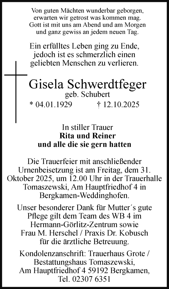 Traueranzeige von Gisela Schwerdtfeger von Hellweger Anzeiger