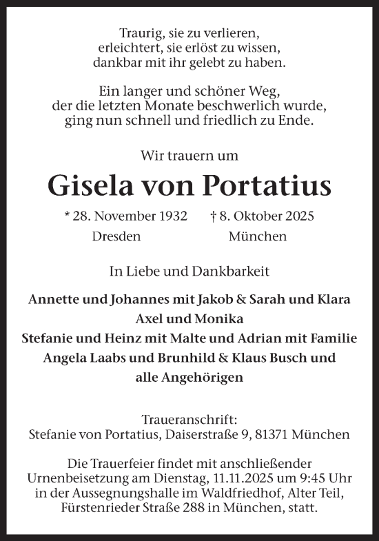 Traueranzeige von Gisela von Portatius von Ruhr Nachrichten und Dorstener Zeitung