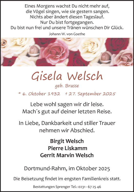 Traueranzeige von Gisela Welsch von Ruhr Nachrichten