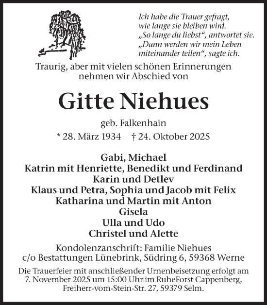 Traueranzeige von Gitte Niehues von Lüner Anzeiger